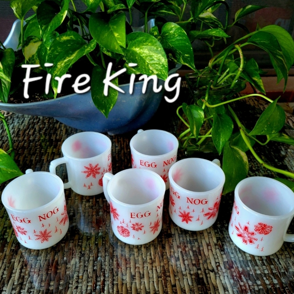 Vintage Fire King Milk Glass Christmas Egg Nog Mugs SET OF 6